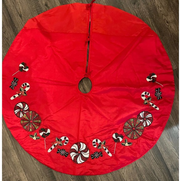 Vickerman Red Christmas Tree Skirt with Candy Cane, Lollipops, Beaded Decoration - Picture 1 of 6